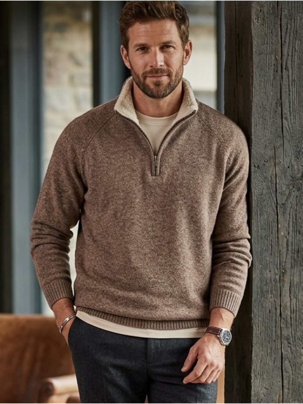 Johnston & Murphy Brown Wool Blend 1/4 Zip Sweater Sherpa Lined Collar XL 1873